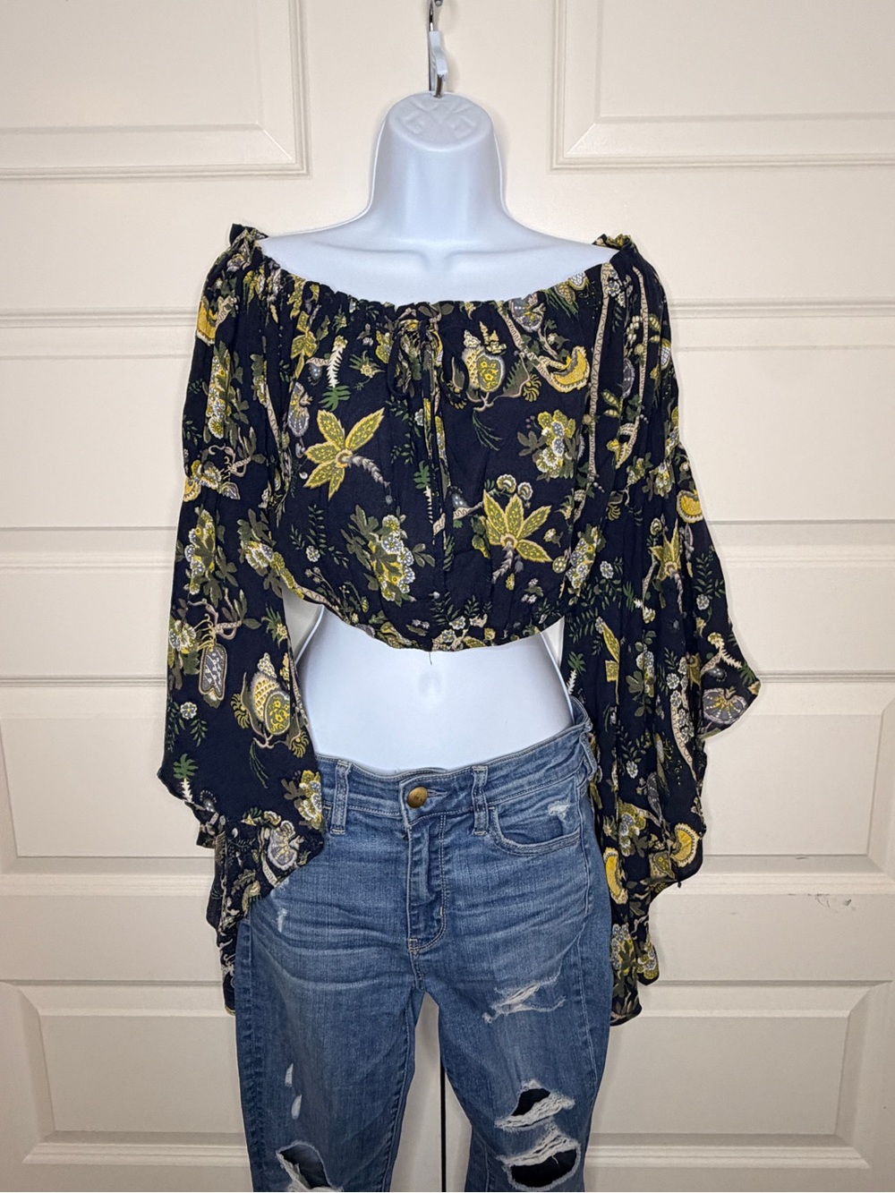 HOMAGE Black Floral Off-Shoulder Crop Top with Yellow Accents